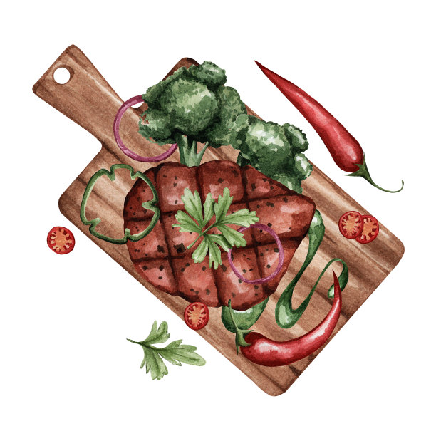 水彩插图肉排与胡椒，蔬菜和香草。健康饮食的健康晚餐美丽的食物。餐厅的菜。适用于餐厅、咖啡厅、菜单等的装饰图片下载