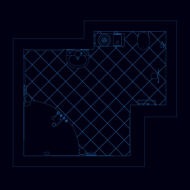 在深色背景上的蓝线淋浴房平面图的轮廓。从以上观点。矢量图图片下载