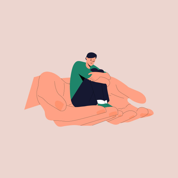 悲伤的人坐在大手掌上的概念关心图片下载