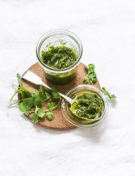香菜酱在浅色背景上，俯视图图片下载