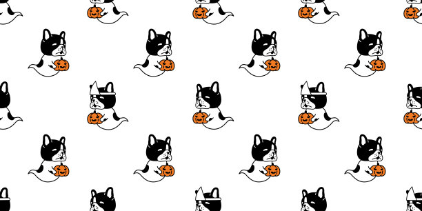 狗无缝图案法国斗牛犬万圣节幽灵南瓜小狗卡通向量宠物重复墙纸瓷砖背景礼物包装纸围巾孤立的字符涂鸦插画设计图片下载