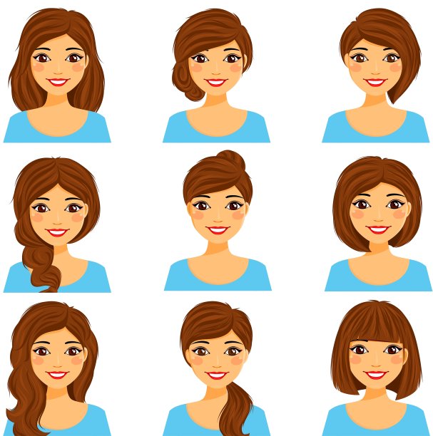 年轻女孩在白色背景下不同的发型。平的风格。卡通图片下载