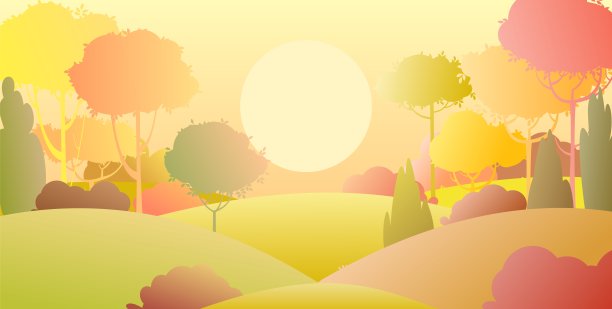 轮廓秋天的风景。美丽的风景。日落。卡通风格。有草和树的小山。很酷的浪漫漂亮。平面设计背景说明。矢量艺术图片下载