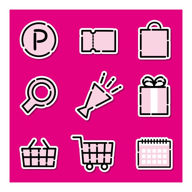 简单可爱的白色图标集，可以用于购物等，粉色背景/插图材料(矢量插图)图片下载
