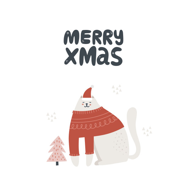 可爱的猫戴着圣诞老人的帽子和毛衣。xmaslettering快乐。手绘矢量插图。贺卡模板图片下载