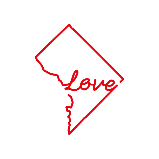 华盛顿特区或哥伦比亚特区的美国州红色轮廓地图与手写的爱的词。矢量图图片下载