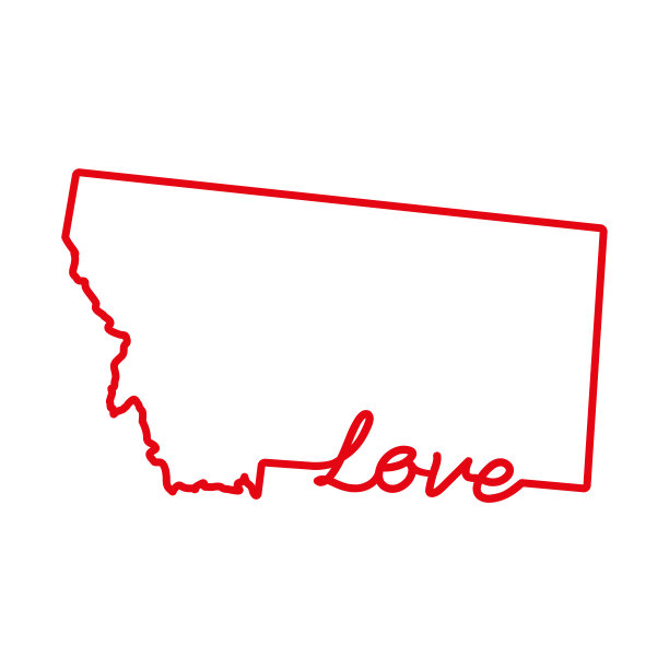 美国蒙大拿州红色轮廓地图与手写的爱的词。矢量图图片下载