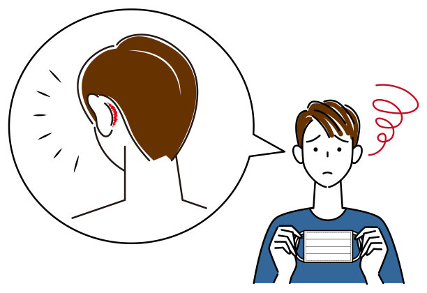 皮肤护理。一名男子因戴口罩后耳受损而感到疼痛。说明简单的向量。图片下载