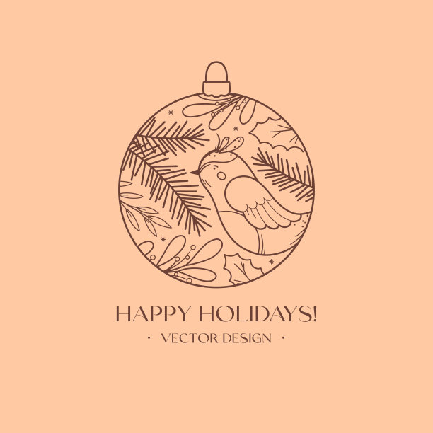 与鸽子，花的元素，冷杉枝，浆果的圣诞装饰线性象征图片下载