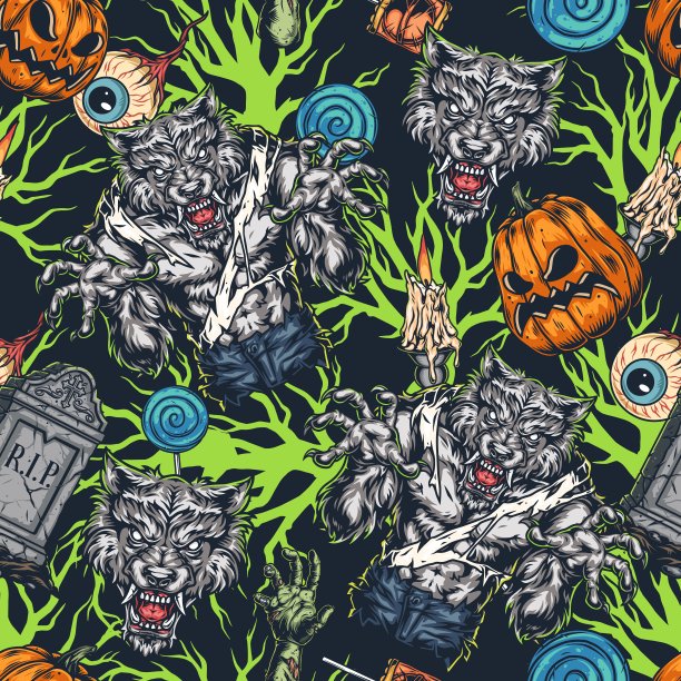 万圣节复古彩色无缝图案图片下载