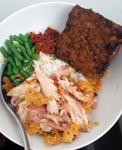 印尼食品:炒鸡/豆豆，tempeh bacem和辣酱图片下载