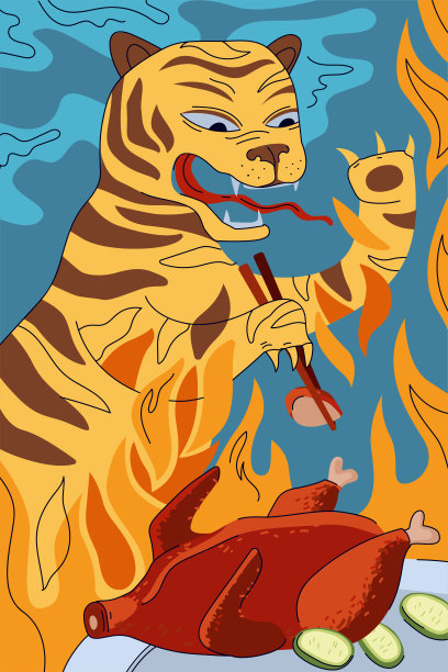 中国菜系北京烤鸭海报概念。中华火虎用筷子吃烤北京辣肉片。亚洲食品eps海报为东方咖啡馆或餐厅的广告图片下载