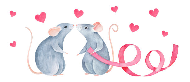 两只可爱的小老鼠站在一起，手里拿着节日的卷曲彩带，温柔的心在周围飞舞。图片下载