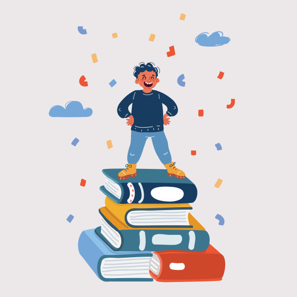一个男孩站在一堆书上图片下载