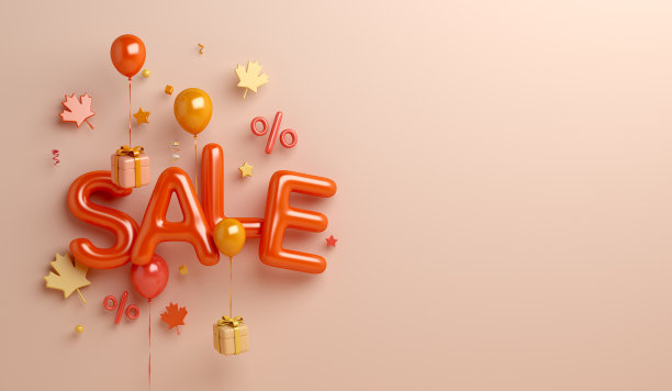 秋季销售背景与气球，枫叶，礼盒，复制空间文本，3D渲染插图图片下载