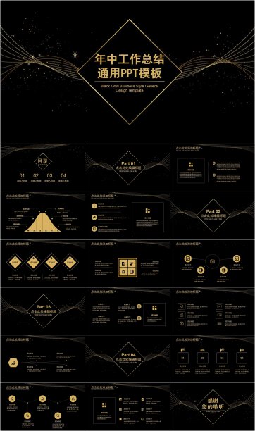 黑金商务风年中工作总结汇报PPT模板素材图片