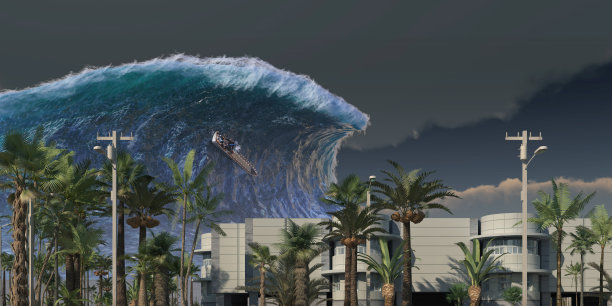 海啸波浪启示水景城市洪水风暴。3D插图图片下载