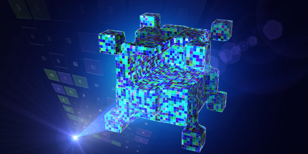 摘要以聚立方体和斑点的彩色网格为技术背景。数据分析算法。大数据。量子密码学的概念。商业，科技的旗帜。图片下载