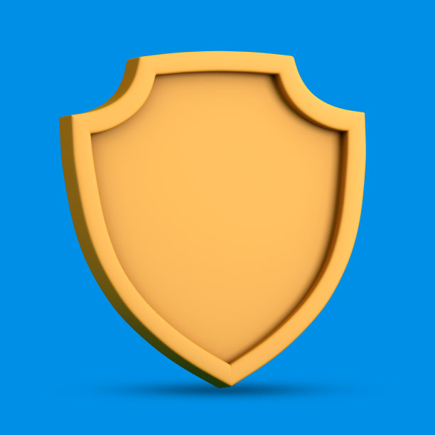 蓝色背景上的黄色双色盾牌。3 d演示。图片下载
