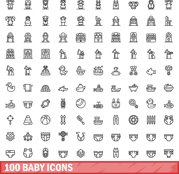 100个婴儿图标设定轮廓风格图片下载