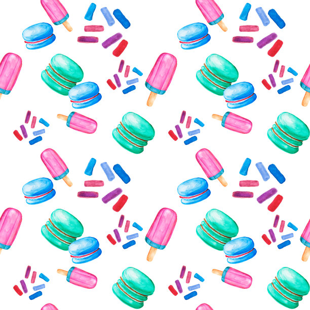 糖果、冰淇淋和蛋糕的无缝图案。用于纸和织物的水彩画。图片下载