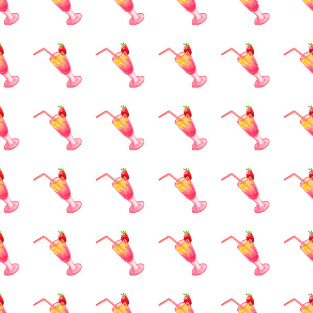 用玻璃杯喝鸡尾酒。夏季饮料。无缝图案的饮料，鸡尾酒和小吃在白色的背景，水彩插图与食品和饮料，打印织物和其他设计。图片下载