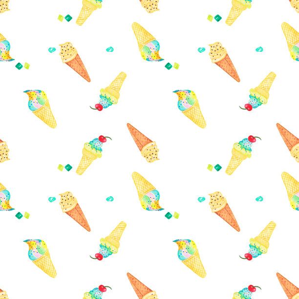 糖果、冰淇淋和蛋糕的无缝图案。用于纸和织物的水彩画。图片下载