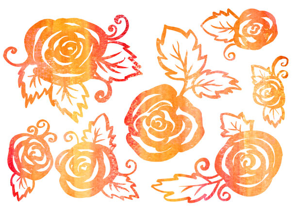 水彩集花卉元素在白色背景上的线条艺术的风格。橙色和红色的玫瑰和叶子图片下载