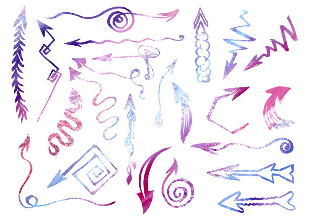 水彩箭头徒手画。设置蓝色和紫色箭头，框架，元素。元素为时间线，信息图，目录，背景，网站，时间表，笔记本。图片下载