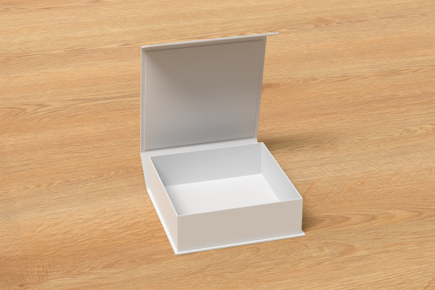 白色打开的正方形折叠礼品盒模拟木制背景。侧视图。图片下载