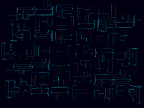 背景与房屋的轮廓从蓝色线在黑暗的背景。从以上观点。矢量图图片下载
