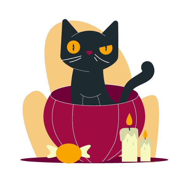 黑猫坐在南瓜为万圣节蜡烛。平面设计图片下载