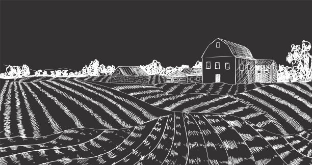 矢量农场农田素描，雕刻风格，黑色和白色背景模板，在黑板上绘图。图片下载