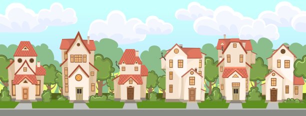 街。有树的卡通房子。村庄或城镇。无缝。传统欧洲风格的美丽舒适的乡村别墅。好有趣的家。农村建设。向量图片下载