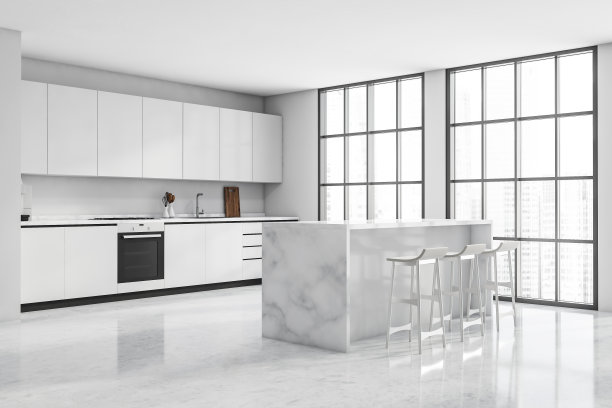 白色厨房全景窗户和早餐吧。角落里的观点。图片下载