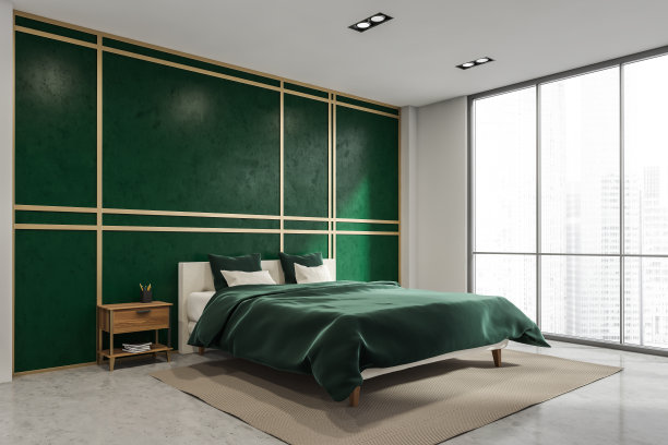 明亮的孔雀石绿色墙壁在全景卧室。角落里的观点。图片下载