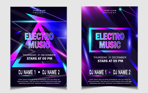 封面音乐海报传单设计模板与布局彩色在深蓝色闪光风格。光电向量图片下载