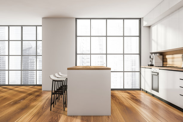 厨房室内的侧视图与空的白色墙壁图片下载