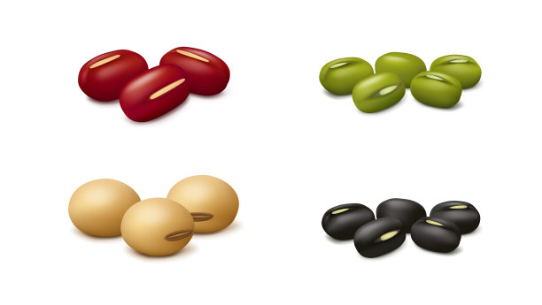 红豆，黑豆，黄豆和绿豆分离在白色背景上图片下载