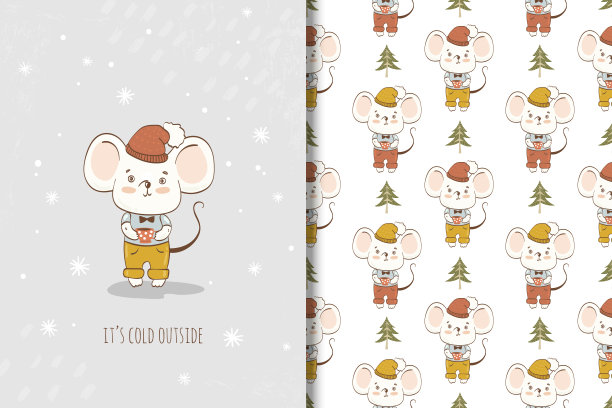 可爱的卡通小老鼠卡和无缝图案。冬天的动物图片下载