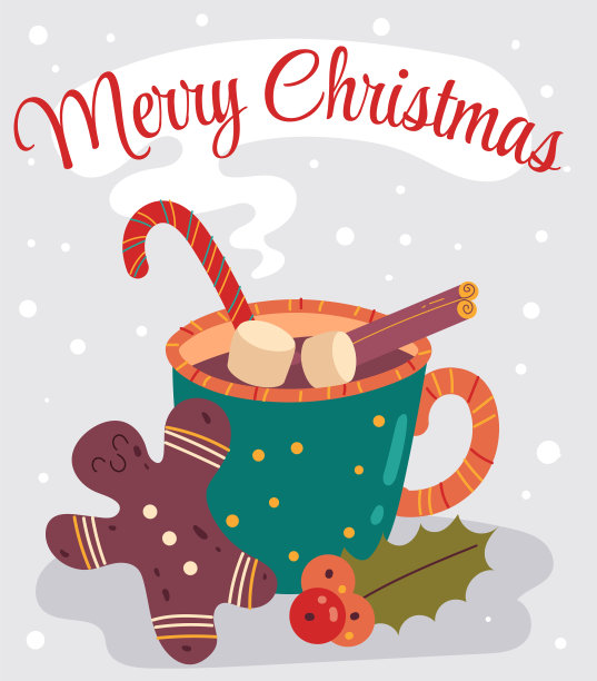 圣诞快乐冬季饮料与姜饼人平面卡通插图图片下载