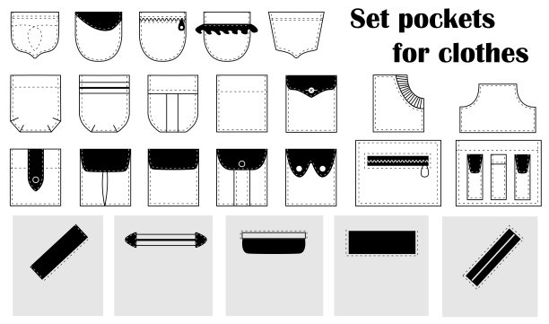 设置补丁，削减口袋的衣服，衬衫，连衣裙，裤子，外套，夹克。向量孤立。图片下载