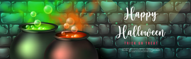 快乐的万圣节女巫魔法毒壶与复古砖墙背景图片下载