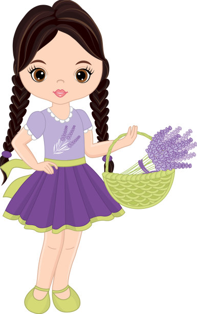 美丽可爱的女孩拿着薰衣草篮图片下载