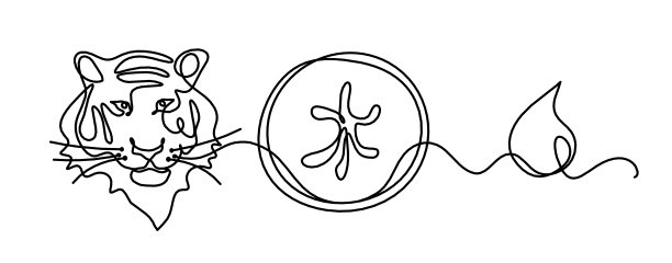 抽象的老虎剪影，水元素(风水)和象形文字的英文意思是“水”在白色的线条画图片下载