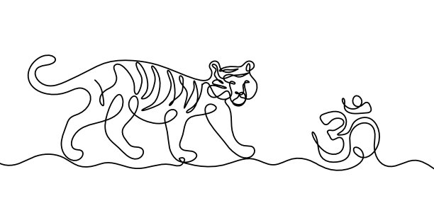 抽象老虎的剪影，以符号“om”为线条画在白色上图片下载