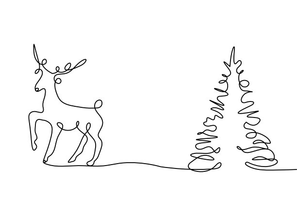 抽象的鹿的剪影和圣诞树的线条画在白色图片下载
