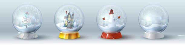 圣诞节水晶雪球集球，礼物，毛皮树和，雪人和家庭。图片下载