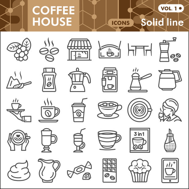 咖啡馆线图标集餐饮业务图片下载