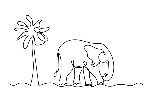 抽象的大象剪影，以树为线在白色上绘制图片下载